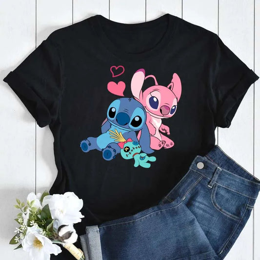 Kawaii Stitch Women's Fashion Top Casual Women's Round Neck T-Shirts Harajuku 90s Cute Stitch Women's Short Sleeves Tops Tees