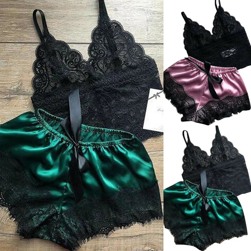 Women Pajama Suit Fashion V-Neck Stretch Satin Babydoll Lace Sexy Lingerie Bowknot Pyjamas Sleep Shorts Set Sleepwear New
