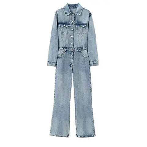 Europe and The United States Fashion Casual Straight Denim Jumpsuit, Women's Autumn Commuter Slim Long Sleeve Wide Leg Jumpsuit