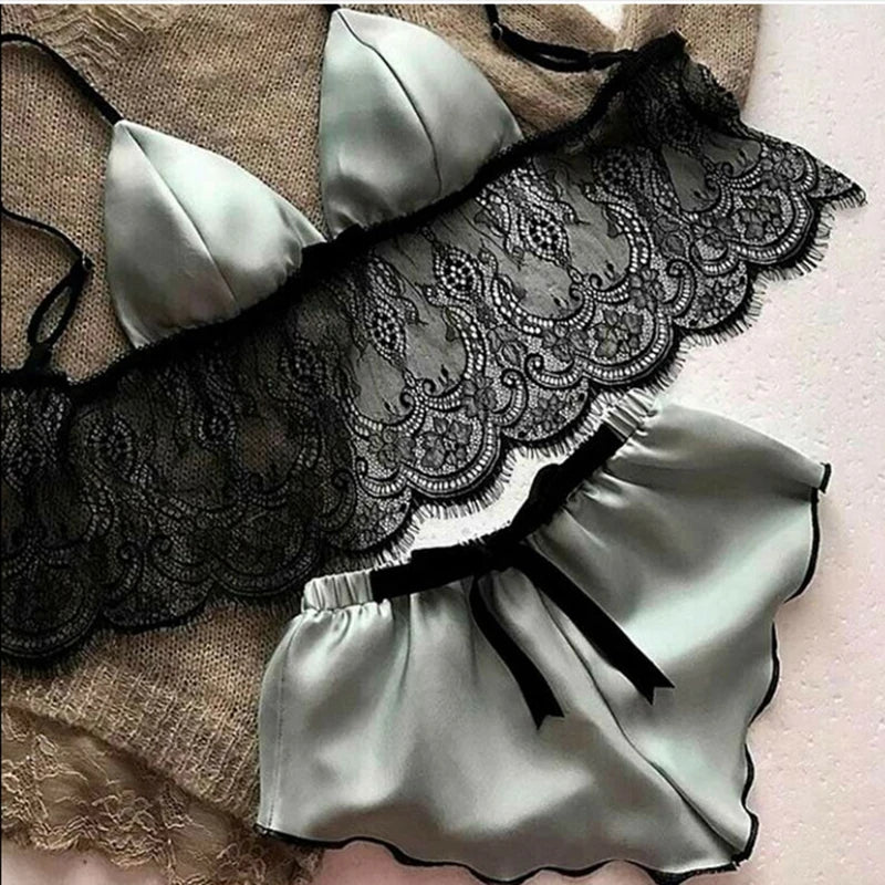 Women Pajama Suit Fashion V-Neck Stretch Satin Babydoll Lace Sexy Lingerie Bowknot Pyjamas Sleep Shorts Set Sleepwear New