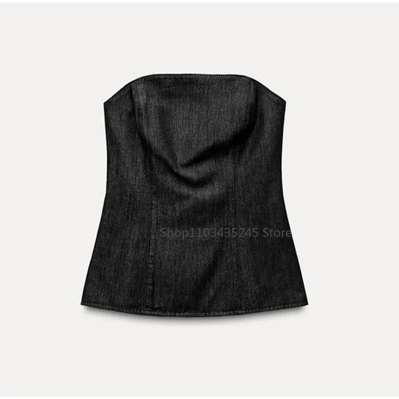 Vintage Denim Pant Sets 3 Pieces For Women Cinched Waist Blazer Strapless Vests Straight Trousers 2025 Jeans High Street Outfits