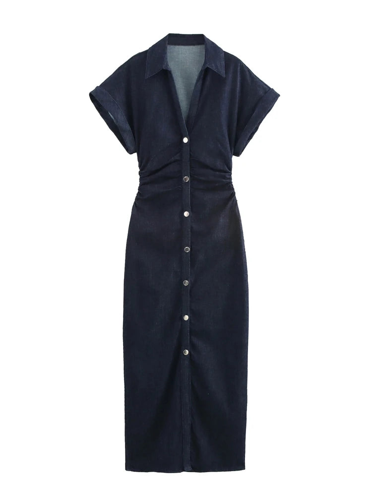 XNWMNZ 2025 Summer Female Party Dresses Midi Skirt Commuting Woman Short Sleeve Top Ruffles Regular Fit Turn-down Collar Dress