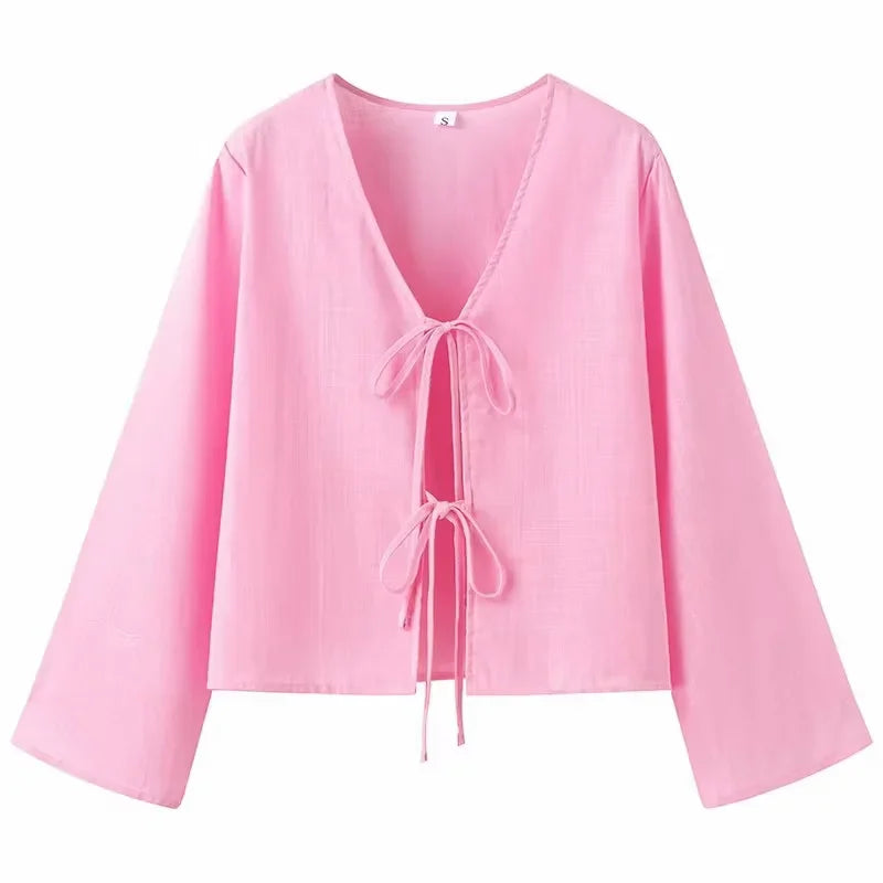 XNWMNZ 2024 Women's Fashion Tie Shirt Women High Street V-neck Long sleeved Casual Versatile Female Chic Top