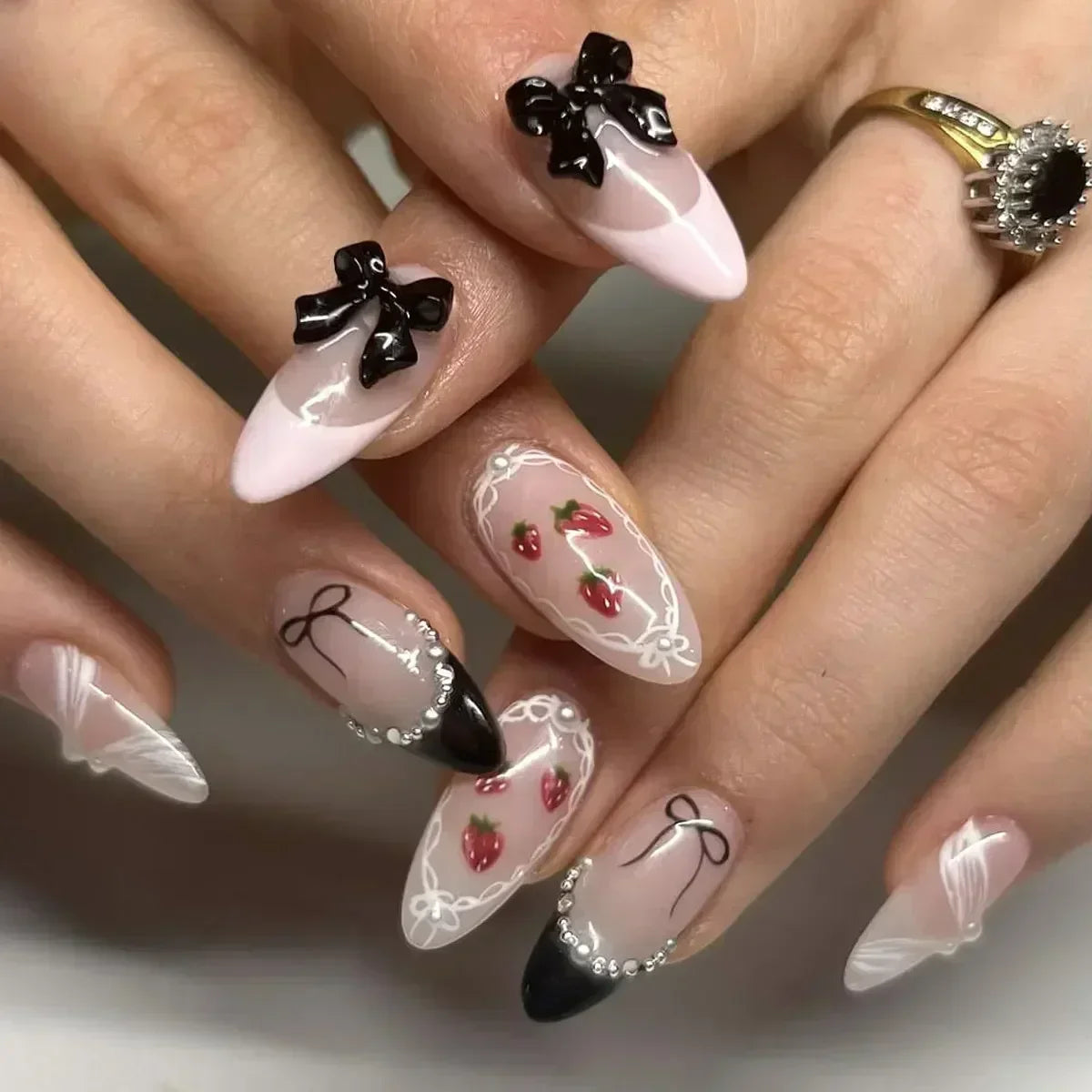 24pcs Press on Nails Short Almond Bowknot Black Press on Nails White Pearl Sweet French Tip Press on Nails Cute Nail Artificial