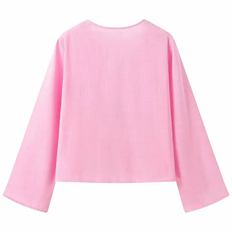 XNWMNZ 2024 Women's Fashion Tie Shirt Women High Street V-neck Long sleeved Casual Versatile Female Chic Top