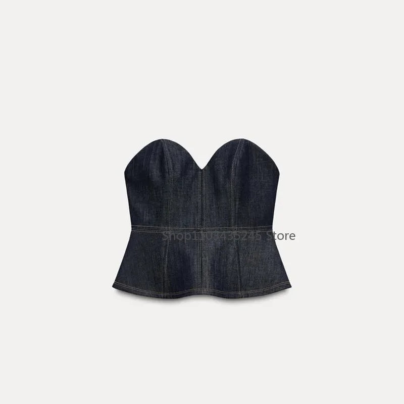 Vintage Denim Pant Sets 3 Pieces For Women Cinched Waist Blazer Strapless Vests Straight Trousers 2025 Jeans High Street Outfits