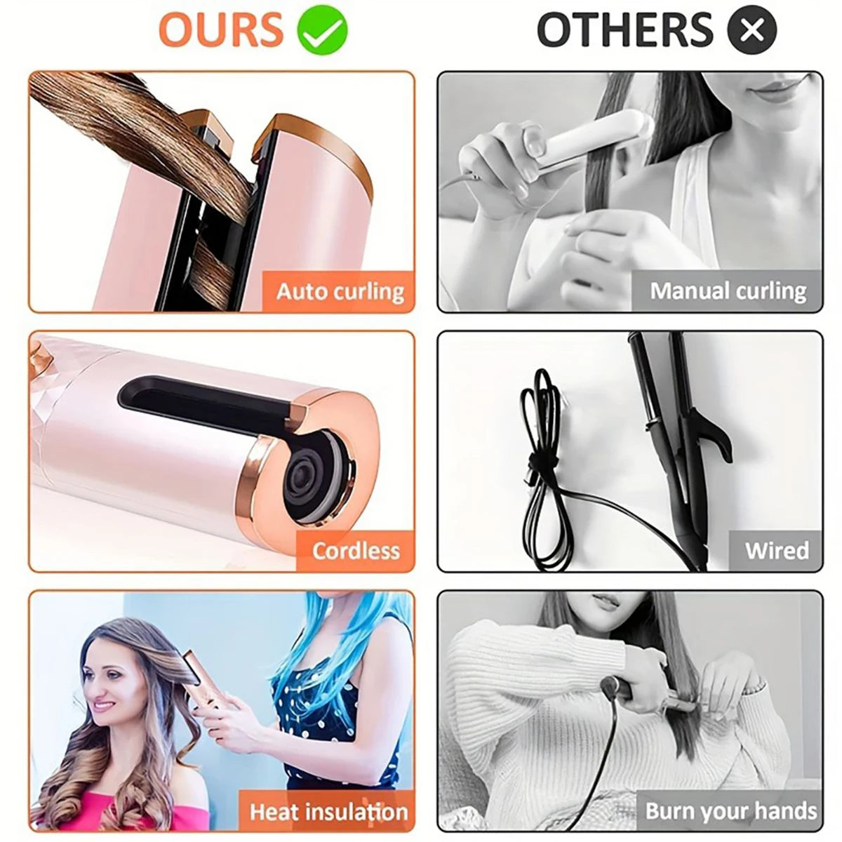 Automatic Rotation Iron, Cordless Iron, 6 Temperature Modes LCD Display Cordless Automatic Hair Roller for wavy hair