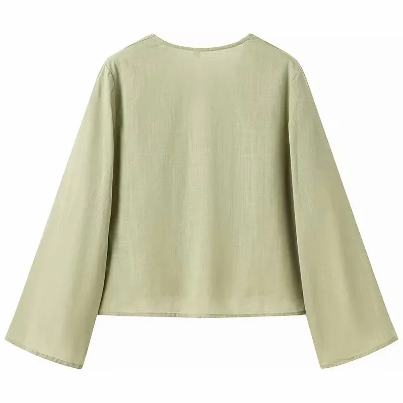 XNWMNZ 2024 Women's Fashion Tie Shirt Women High Street V-neck Long sleeved Casual Versatile Female Chic Top