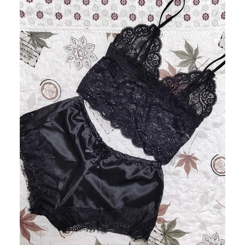 Women Pajama Suit Fashion V-Neck Stretch Satin Babydoll Lace Sexy Lingerie Bowknot Pyjamas Sleep Shorts Set Sleepwear New