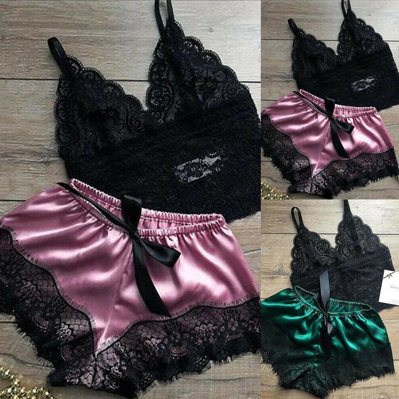 Women Pajama Suit Fashion V-Neck Stretch Satin Babydoll Lace Sexy Lingerie Bowknot Pyjamas Sleep Shorts Set Sleepwear New