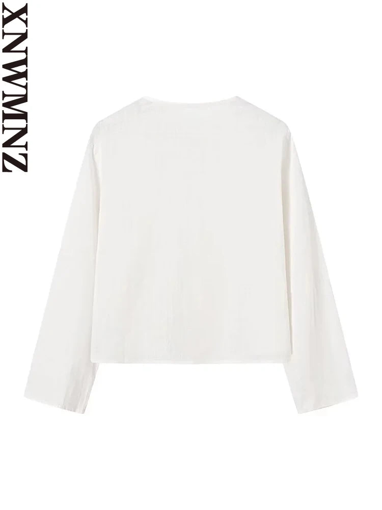 XNWMNZ 2024 Women's Fashion Tie Shirt Women High Street V-neck Long sleeved Casual Versatile Female Chic Top