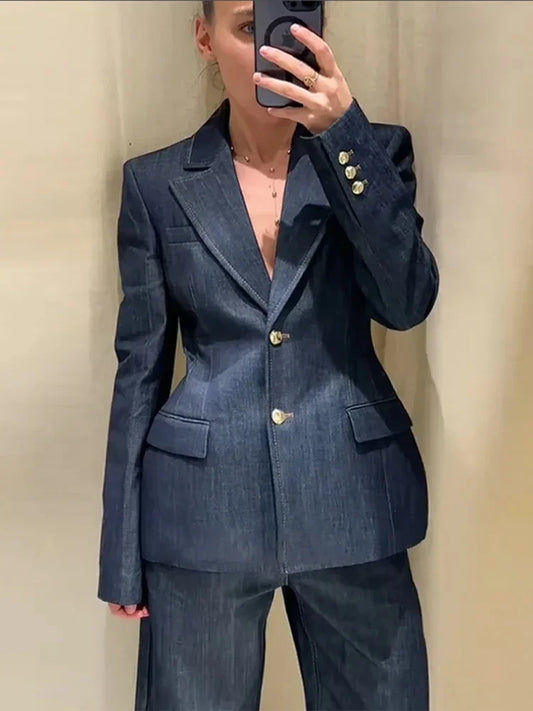 Vintage Denim Pant Sets 3 Pieces For Women Cinched Waist Blazer Strapless Vests Straight Trousers 2025 Jeans High Street Outfits