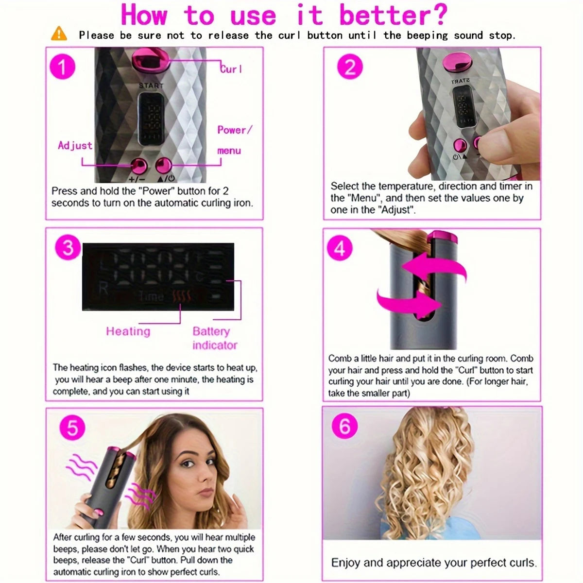 Automatic Rotation Iron, Cordless Iron, 6 Temperature Modes LCD Display Cordless Automatic Hair Roller for wavy hair