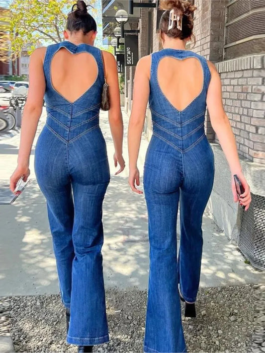 2025 New Women's Spring Summer Slim Fit Fashionable Zipper Sexy Sleeveless Backless High Waisted Micro Flared Denim Jumpsuit