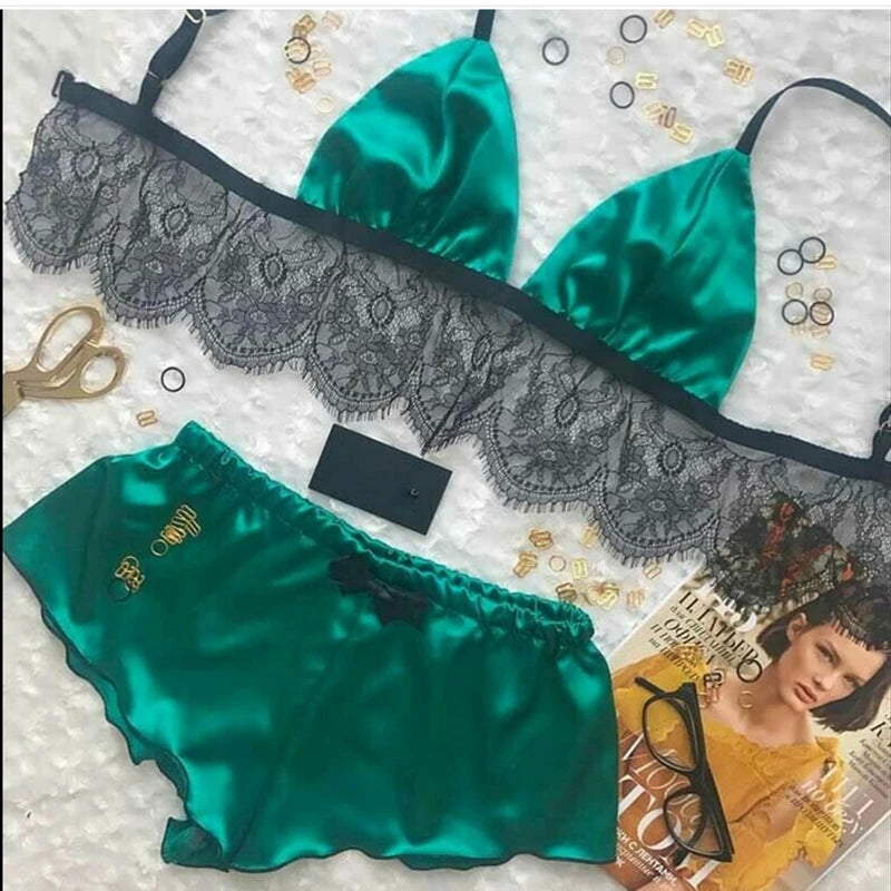 Women Pajama Suit Fashion V-Neck Stretch Satin Babydoll Lace Sexy Lingerie Bowknot Pyjamas Sleep Shorts Set Sleepwear New