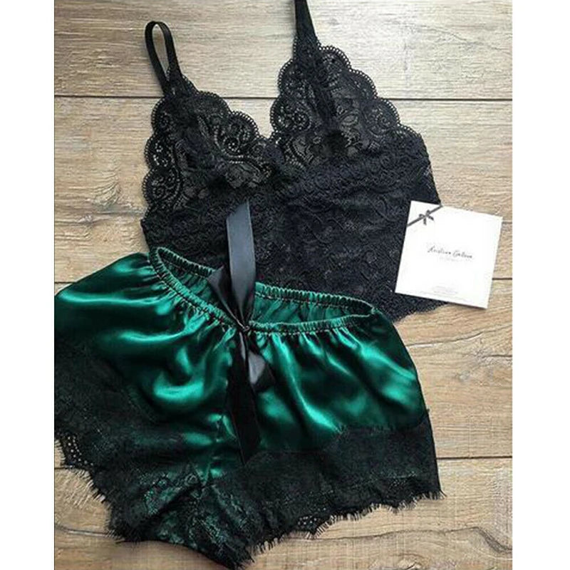 Women Pajama Suit Fashion V-Neck Stretch Satin Babydoll Lace Sexy Lingerie Bowknot Pyjamas Sleep Shorts Set Sleepwear New