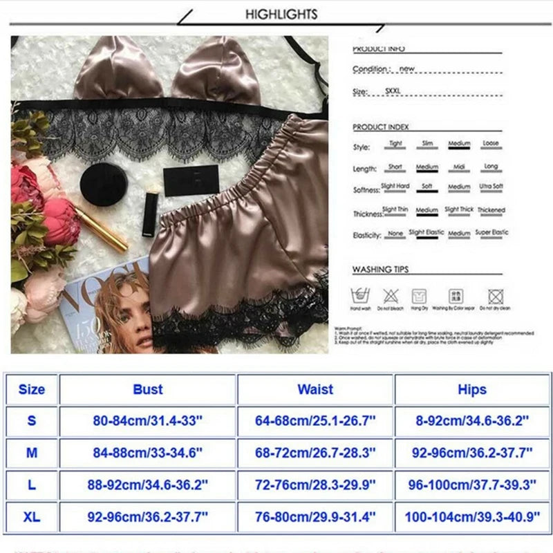 Women Pajama Suit Fashion V-Neck Stretch Satin Babydoll Lace Sexy Lingerie Bowknot Pyjamas Sleep Shorts Set Sleepwear New