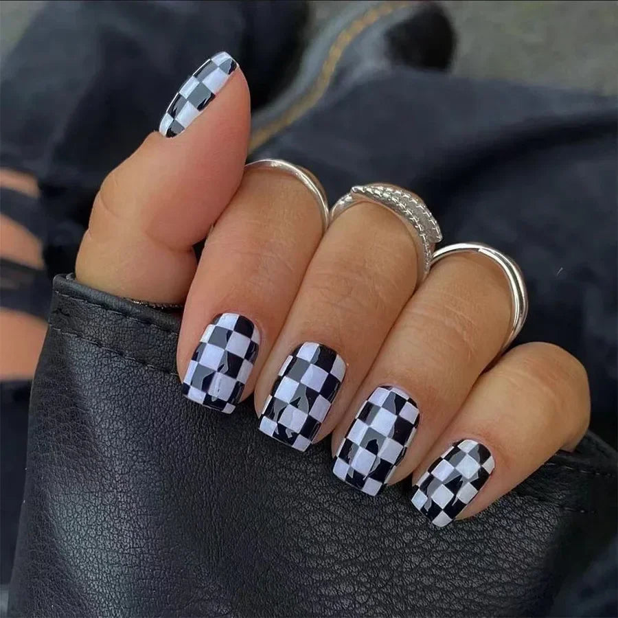 24pcs Press on Nails Short Almond Bowknot Black Press on Nails White Pearl Sweet French Tip Press on Nails Cute Nail Artificial