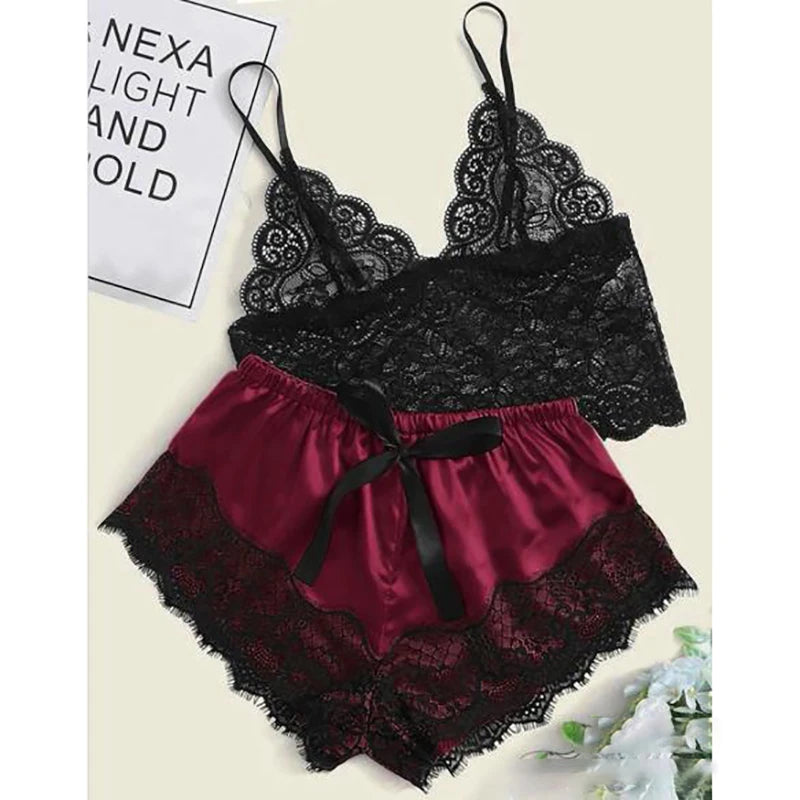 Women Pajama Suit Fashion V-Neck Stretch Satin Babydoll Lace Sexy Lingerie Bowknot Pyjamas Sleep Shorts Set Sleepwear New