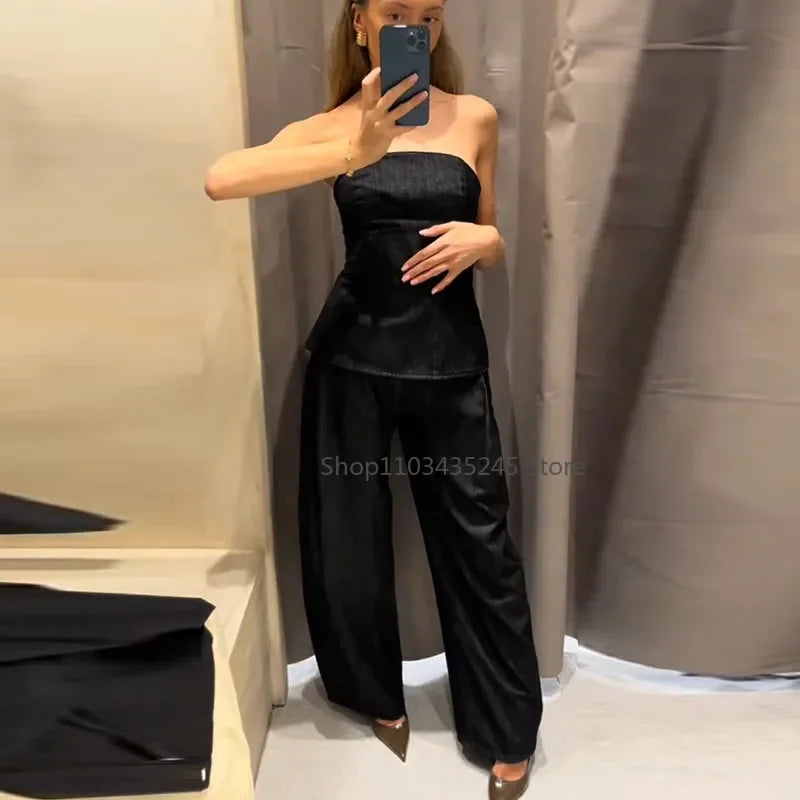 Vintage Denim Pant Sets 3 Pieces For Women Cinched Waist Blazer Strapless Vests Straight Trousers 2025 Jeans High Street Outfits