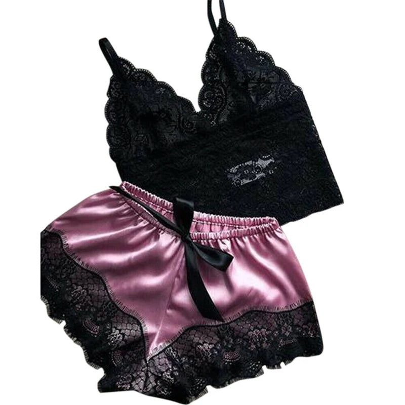 Women Pajama Suit Fashion V-Neck Stretch Satin Babydoll Lace Sexy Lingerie Bowknot Pyjamas Sleep Shorts Set Sleepwear New