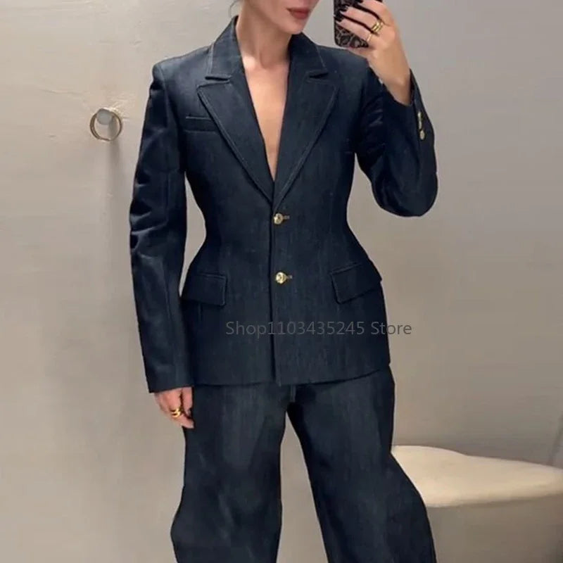 Vintage Denim Pant Sets 3 Pieces For Women Cinched Waist Blazer Strapless Vests Straight Trousers 2025 Jeans High Street Outfits