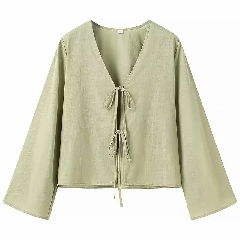 XNWMNZ 2024 Women's Fashion Tie Shirt Women High Street V-neck Long sleeved Casual Versatile Female Chic Top