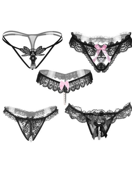 [5 pack] Women's Sexy Lace Thongs & G-strings - Sheer & Skimpy Black Lace Trim Panties for Intimate Moments and Comfortable Wear - Perfect Lingerie and Underwear for Any Occasion